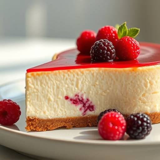 Cheesecake com cobertura de frutas vermelhas frescas.