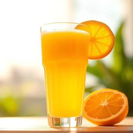 Copo de suco natural de laranja.