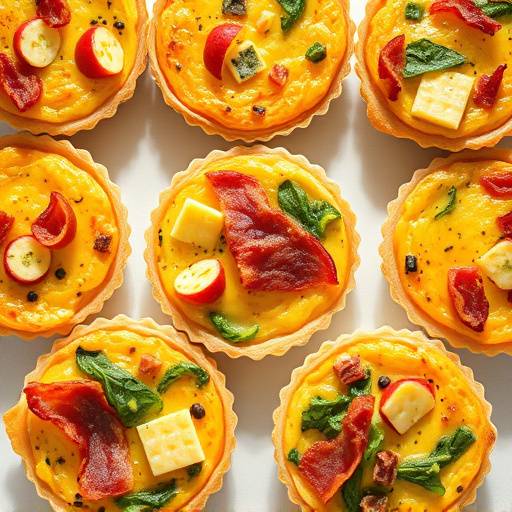Mini quiches variadas, com recheios de queijo, legumes e bacon.