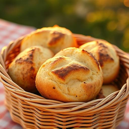 Pães de queijo quentinhos em uma cesta de vime.