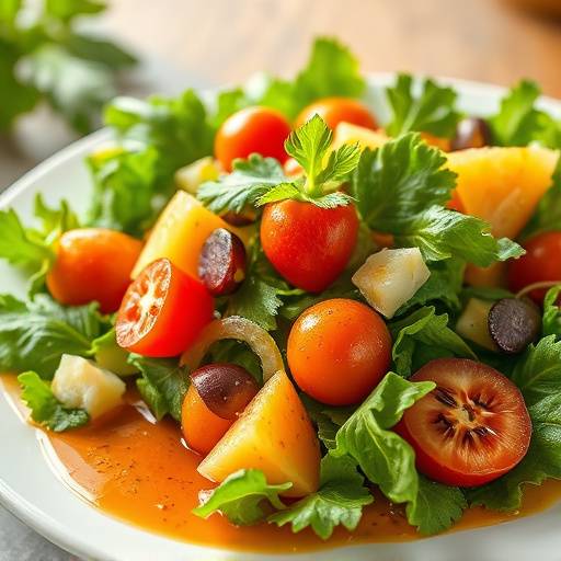 Salada fresca com folhas verdes, frutas da estaäão e molho especial.