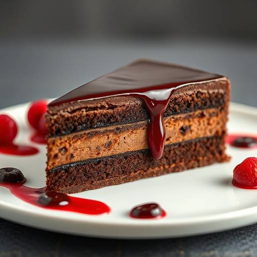 Torta de chocolate cremosa com calda de frutas vermelhas.