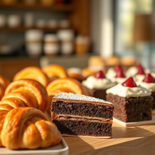 Uma variedade de doces artesanais, incluindo croissants, brownies e bolos.